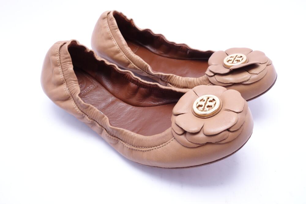 Tory Burch Shoes Womens Size 5.5 Beige Leather Logo Flower Comfort Ballet Flats